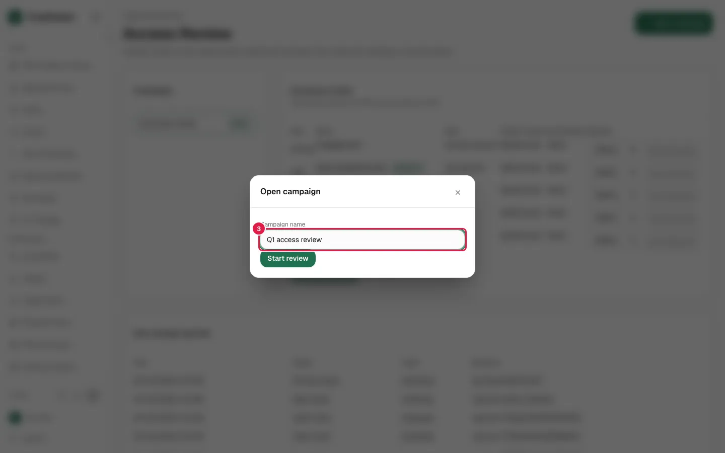 Fill Campaign name with "Q1 access review"